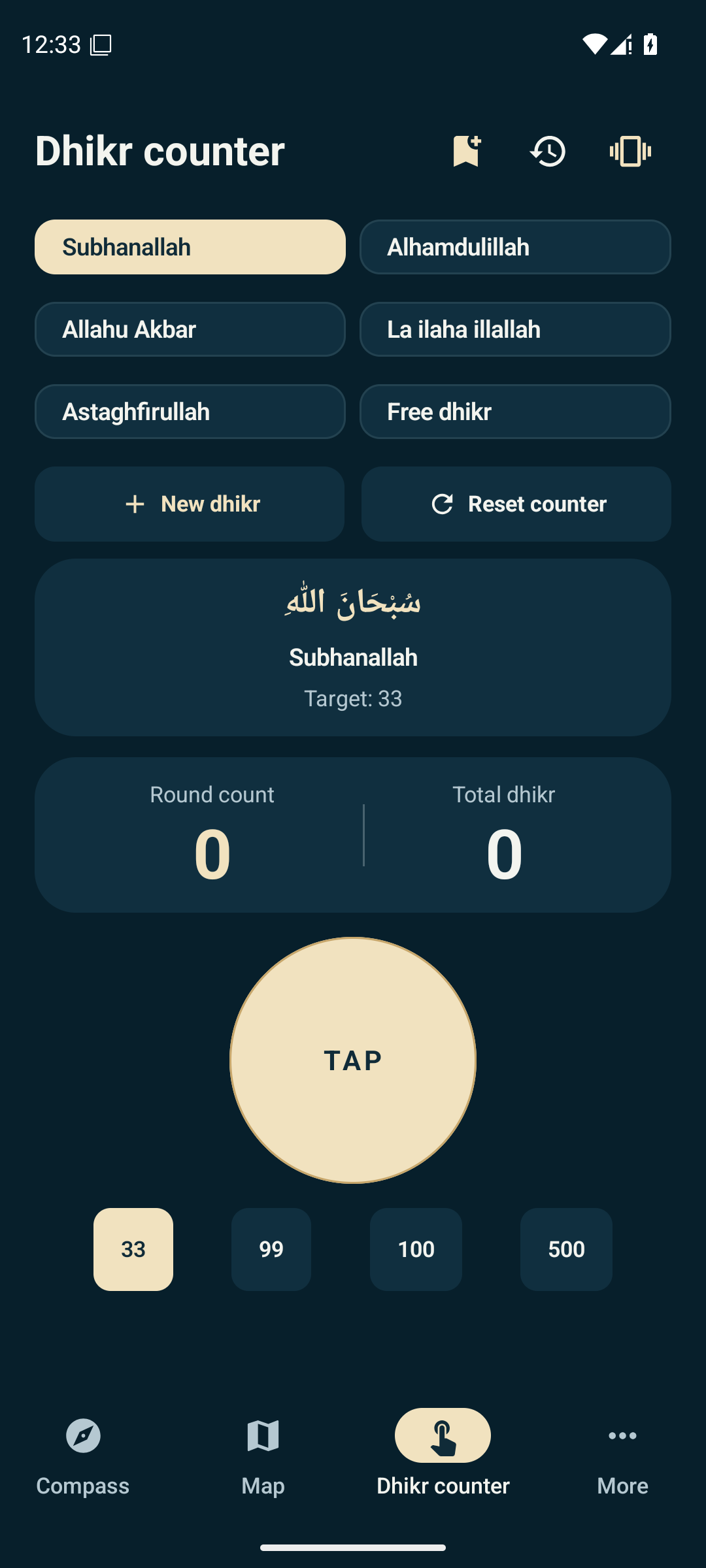 KıbleAura Tasbeeh counter screen